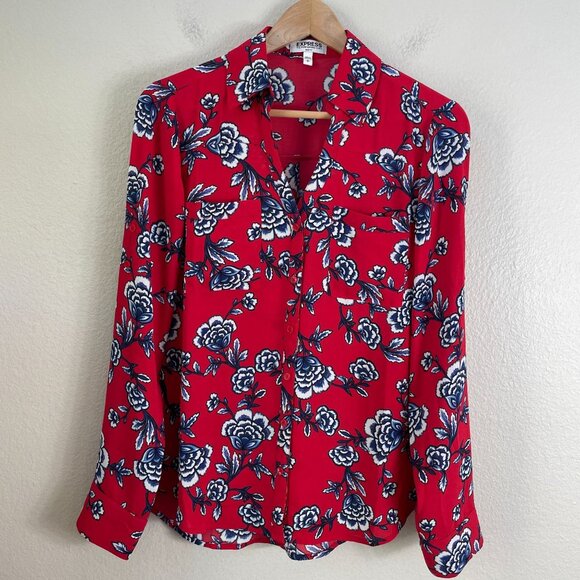 Express Portofino Shirt Slim Fit Womens Small Floral Roll Tab Sleeve Blouse Top - Picture 1 of 8